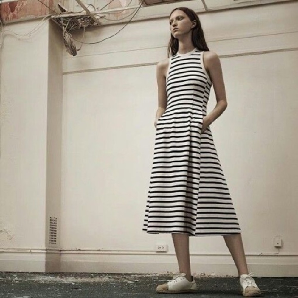 T By Alexander Wang Striped A-line Racerback Midi Dress Sz L